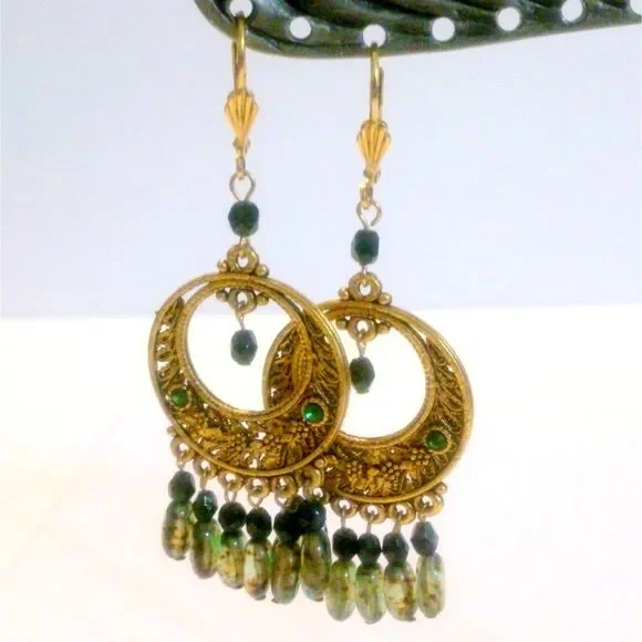 Bohemian Ornate Gold Tone Green Bead and Rhinestone Drop Earrings - Picture 3 of 3